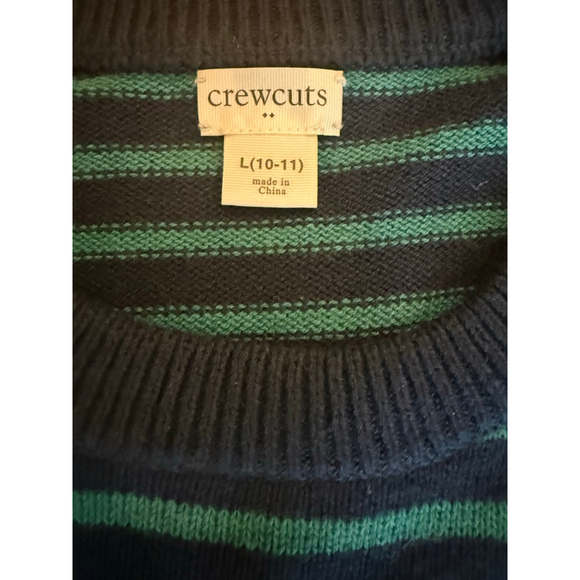 J.Crew Crewcuts Boys Striped Elbow-Patch Crewneck Sweater Green/Navy SZ L 10/11 - Picture 2 of 5